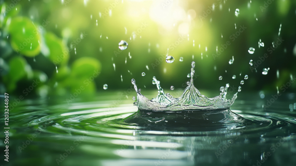 Poster close up of raindrops splashing into serene pool of water, creating beautiful ripples and droplets. 