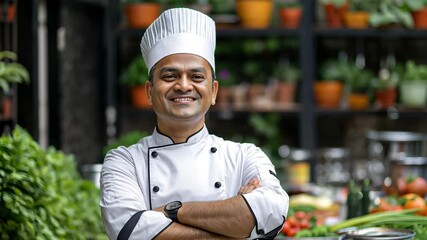 Indian chef stands with his arms crossed in the restaurant kitchen.