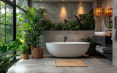 Fototapeta premium Luxurious modern bathroom with freestanding tub, plants, and large window.