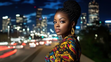 Confident Black woman in city at night.