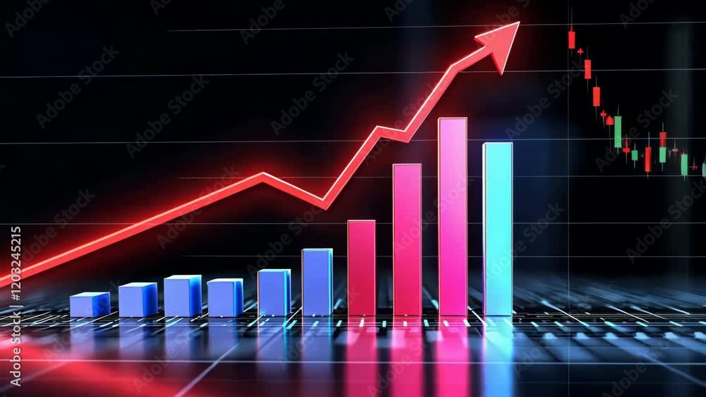 Aufkleber digital illustration of glowing bar chart with upward red arrow symbolizing financial growth and suc