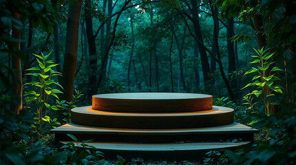 a terraced podium positioned in the middle of wood with a forest background