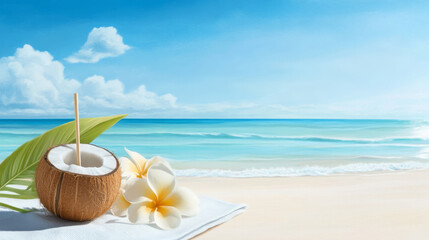 Fresh coconut with straw and tropical flowers on beach, evoking serene and relaxing atmosphere. vibrant blue ocean and soft clouds enhance tropical vibe