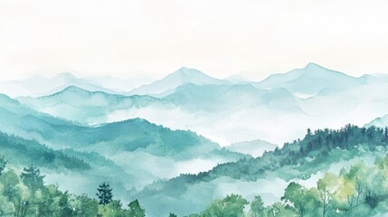 Obraz premium Watercolor of landscape forest misty mountains horizon and fog and hills,pine tree fir tree,Autumn forest background,drawn by hand,Autumn illustration design elements for landscape,wallpaper.