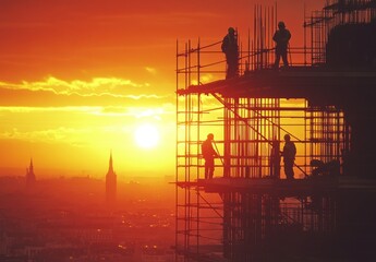 Silhouetted Construction Workers Against a Stunning Sunset Over City Skyline, Capturing the Essence of Urban Development and Hard Work in Progress