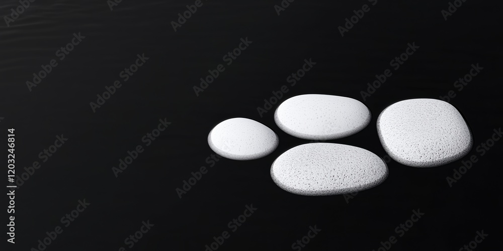 Poster mindful living routine concept. smooth white stones on a dark surface create a serene composition.
