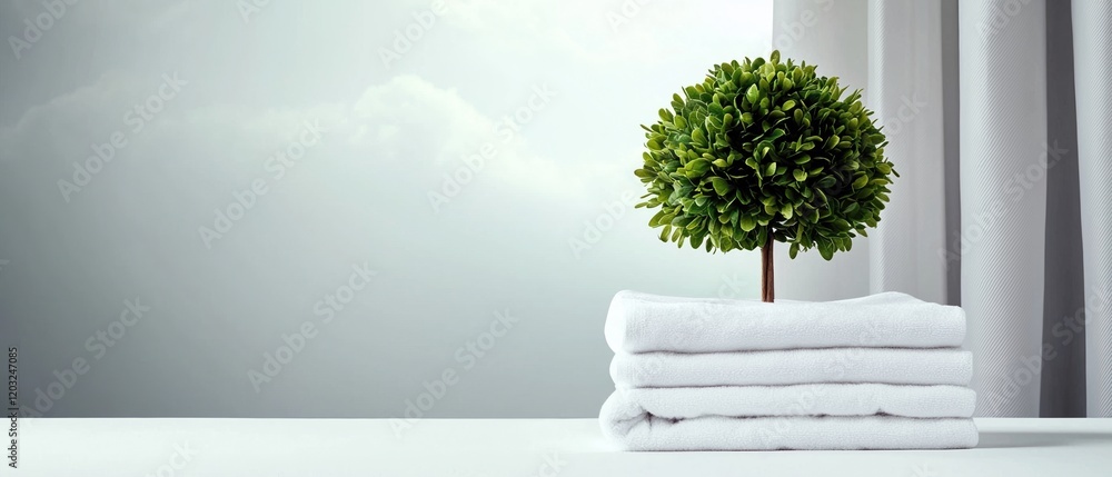 Poster mindful living routine concept. a small green tree on stacked white towels with a soft background.