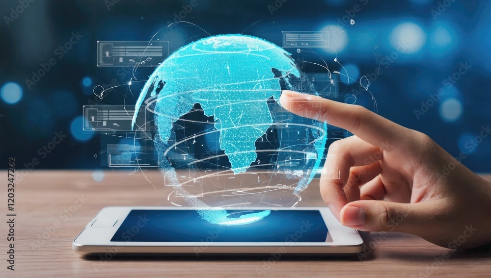 Poster connecting the world: a hand interacts with a digital globe, hovering above a tablet, representing t