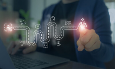 Customer journey map visualization concept. A business professional interacting with a digital...