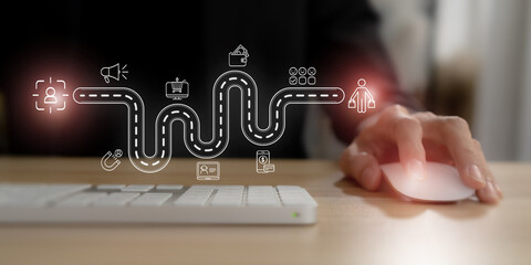 Customer journey map visualization concept. A business professional use computer with a digital...