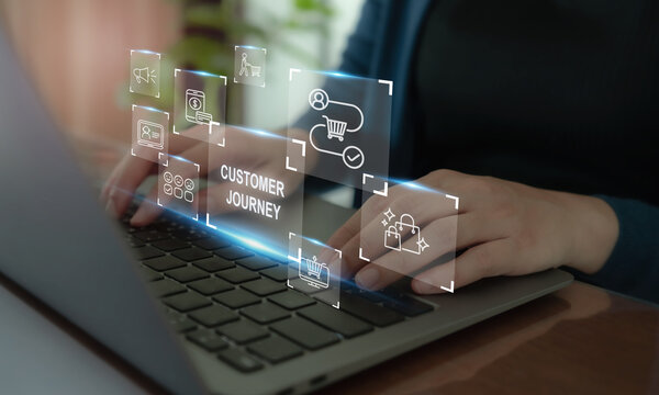 Customer Journey Concept. Typing on a laptop with illuminated icons representing e-commerce, customer experience, marketing processes, online business, user engagement, and digital marketing strategy.