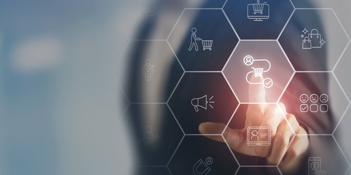 Customer Journey Concept. Touching screen with illuminated icons representing e-commerce, customer experience, marketing processes, online business, user engagement, and digital marketing strategy.