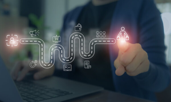 Customer journey map visualization concept. A business professional interacting with a digital customer journey map, illustrating key stages such as awareness, consumer behavior and decision-making.