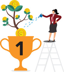 Mutual fund or growing investment wealth profit growth or earning increase savings or wealth management pension fund concept businesswoman investor watering stack dollar coin to grow money plant