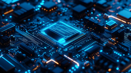 An abstract view of a blue-lit circuit board with electronic components, creating a digital feel.
