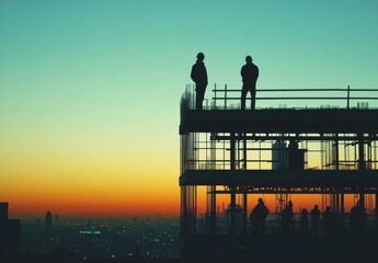 Obraz premium Silhouetted Workers on Construction Site at Sunset Overlooking a Cityscape with Vibrant Colors and Architectural Elements of Urban Progress