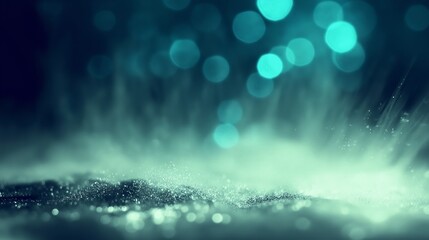 Abstract turquoise bokeh lights and misty atmosphere