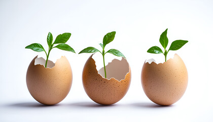 Young green plant grow in eggshell isolated on white background. Development, new life, birth or revival concept