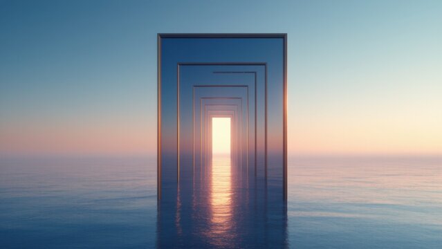 Giant mirror reflects infinite doors radiating light, symbolizing how every choice unlocks new horizons, creating a journey of limitless opportunities