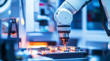 A robot performing high-precision assembly of optical lenses in a clean and sophisticated optics lab, high-tech and detailed environment, Optics-tech style