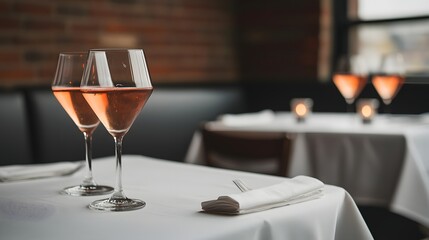 Charming Evening with Elegant Glasses of Rosé in a Cozy Restaurant Setting with Soft Lighting. Cafe, Tables and Chairs, Romantic Atmosphere, Drink Decoration Concept