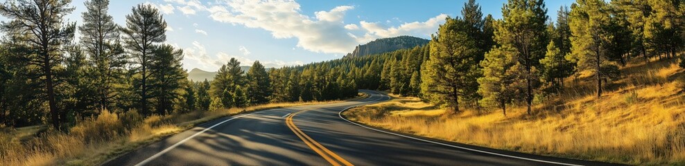 Fototapeta premium Mountain Road at Sunset: A scenic winding road cuts through a majestic mountain landscape, bathed in the golden light of the setting sun, with lush green pine trees lining the way.
