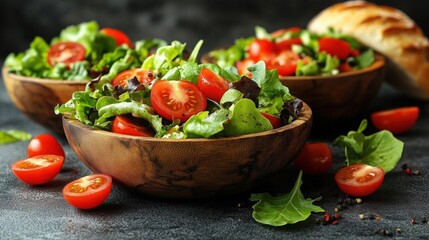 Fresh and vibrant salad with cherry tomatoes and mixed greens in rustic wooden bowls