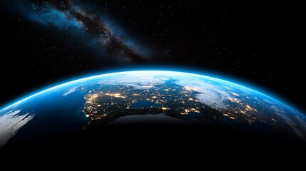 Night Earth glows brilliantly showcasing city lights against dark space a stunning cosmic view. AI Generated