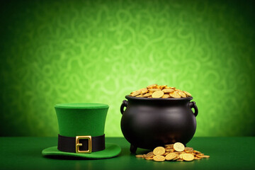 Gradient green background with cauldron and top hat and gold coins