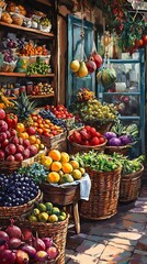 Obraz premium Vibrant fruits overflow rustic market baskets bathed in warm sunlight. AI Generated