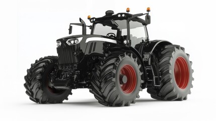 Modern black tractor with large wheels and orange lights on white background