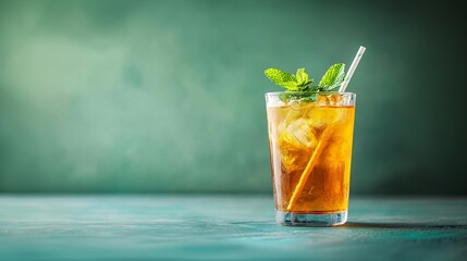 Refreshing Iced Tea with Mint Leaves on a Green Background