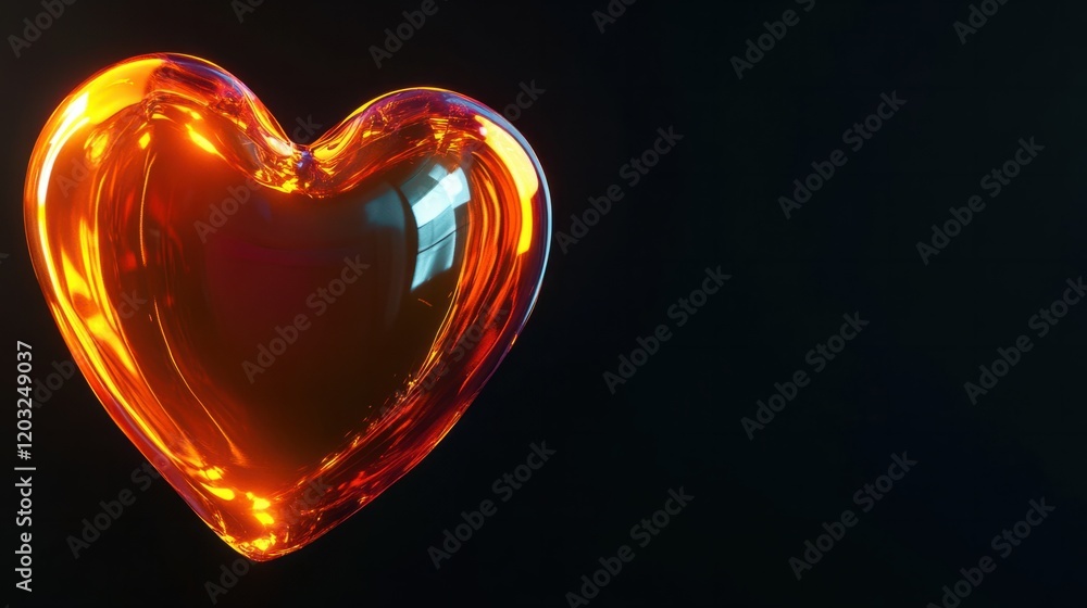 Poster a glowing glossy heart in neon orange with subtle highlights, creating a dynamic look, isolated on b