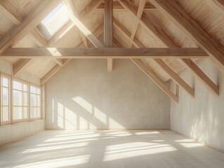 Spacious and Bright Empty Room with Exposed Beams and Skylights, Ideal for Modern Interior Design, Rustic Aesthetic, and Natural Light in Minimalist Style