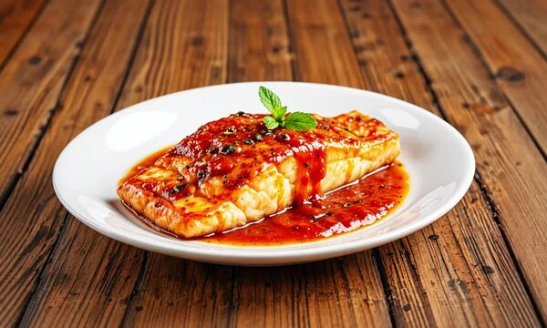 delicious samon meat with spicy chili sauce on a white plate