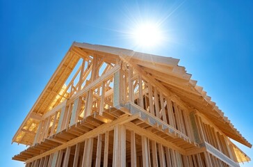Stunning Construction Site with Bright Sunlight Illuminating a Wooden Frame of a House Under Blue Sky during a Clear Day