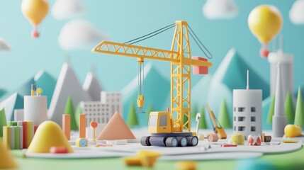 Fototapeta premium A colorful, whimsical construction scene featuring a yellow crane, playful geometric shapes, and a vibrant backdrop of mountains and balloons.