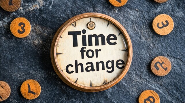 Time for change with a wooden clock surrounded by numeric tokens on a textured surface