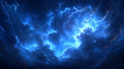 Dramatic scene of thunder and lightning illuminating a bright blue sky showcasing dark clouds filled with powerful electric charge and flashes of light that pierce through the storm