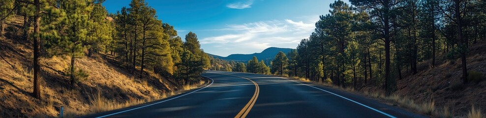Fototapeta premium Serene Winding Road: A picturesque winding road slices through a dense forest, inviting the viewer to explore what lies beyond the horizon.