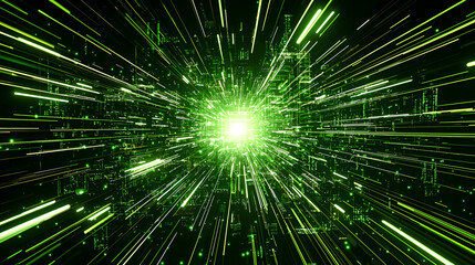 Green digital data stream tunnel, fast motion, glowing core, abstract background, tech concept