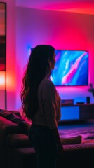 Naklejka premium A woman stands in a cozy room illuminated by colorful lights. The vibrant glow from the TV adds depth to the atmosphere. A moment of tranquility captured. Generative AI