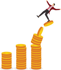Financial instability uncertainty or unstable investment market risky situation or economic recession crisis or bankruptcy concept businessman investor falling from stack of unstable money coins