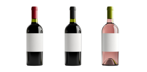  a 3 wine bottles with blank labels isolated on a transparent background