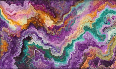 Abstract swirls of purple, gold, teal, and cream paint.