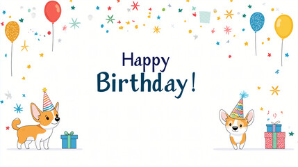 Fototapeta premium Happy Birthday Corgi Party: Two adorable Corgis wearing party hats celebrate a birthday surrounded by colorful balloons, confetti, and presents. A perfect greeting card image! 