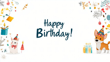 Happy Birthday Party Animals: Two adorable cartoon animals, a cat and a dog, wear party hats and celebrate with festive balloons and candles.