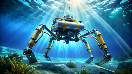 Underwater Exploration Robot Investigating Deep-Sea Environments. Perfect for: Marine Technology Expos, Exploration Conferences, Sci-Fi Events