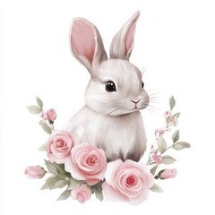 Adorable baby rabbit sitting among soft pink roses and delicate green foliage on a white background, gazing gently to the side, concept of children's products, greeting cards, easter decorations