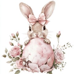 Adorable baby rabbit with a pink bow emerging from a cracked pastel pink eggshell surrounded by soft roses and delicate foliage on a white background, concept of children's products, greeting cards